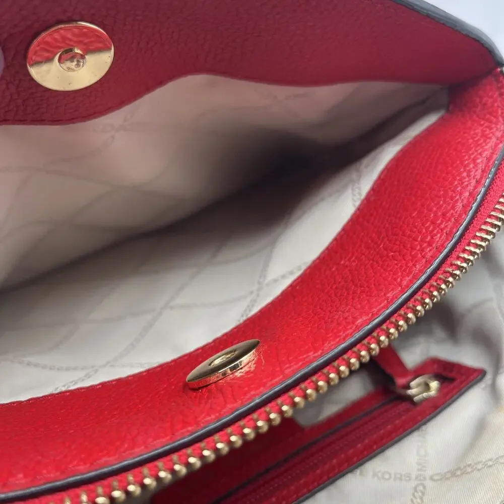 Michael Kors Bright Red Dome Satchel Adele Scarlet Crossbody Bag Pebbled Leather